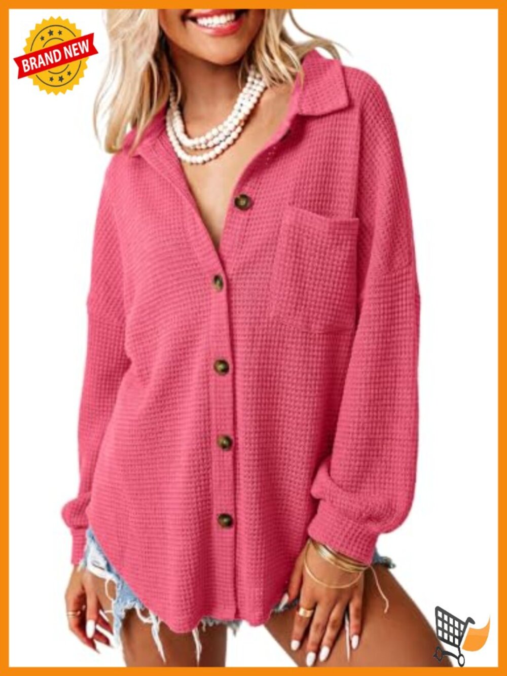 Waffle Knit Shacket Casual Button Down Shirt Long Sleeve Women